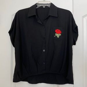 Black button up shirt with rose
